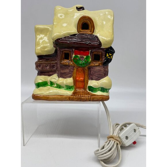 Vtg Holiday Ceramic Illuminated Cabin Snow House Hand Painted Village - Picture 2 of 15